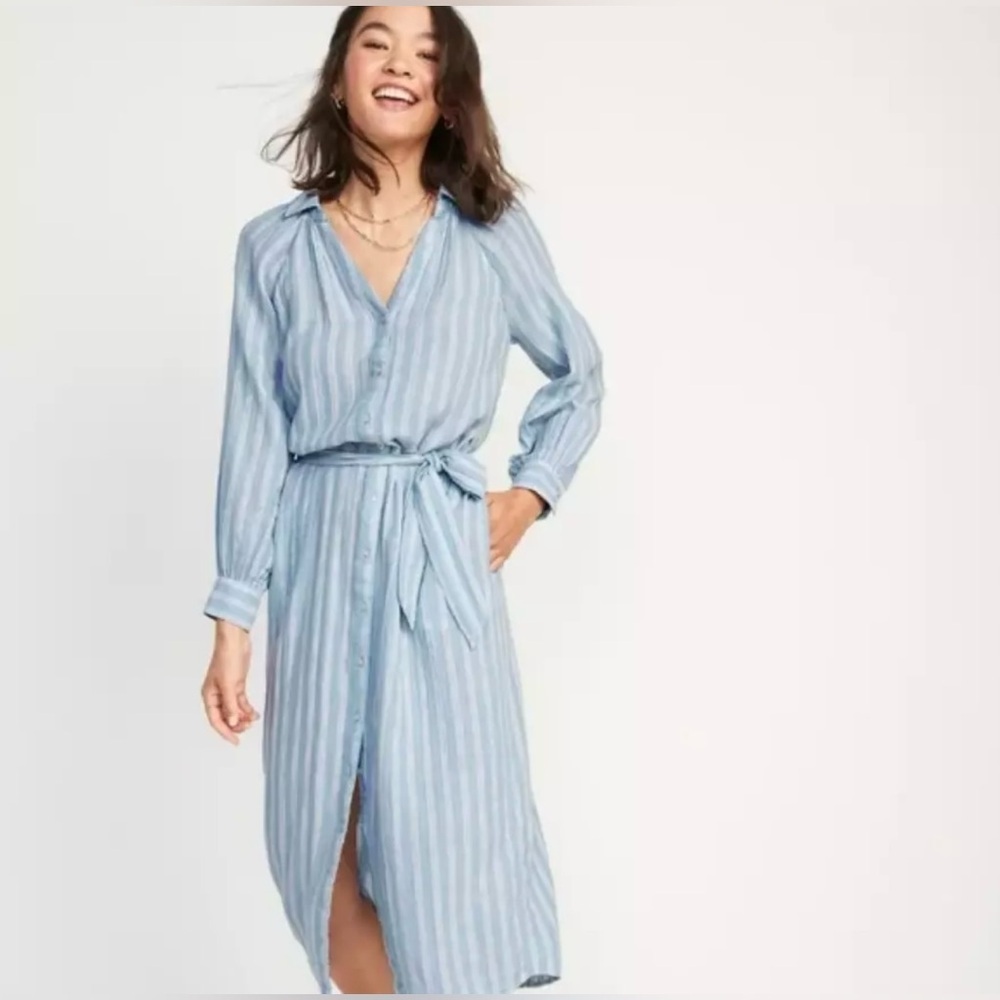 Old Navy Light Blue Striped Midi Shirt Dress